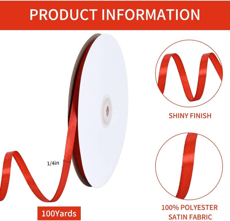TONIFUL 1/4 Inch x 100yds Red Satin Ribbon, Thin Solid Color Satin Ribbon for Gift Wrapping, Crafts, Hair Bows Making, Wedding Party Decoration, Invitation Cards, Floral Bouquets,Christmas - Image 2